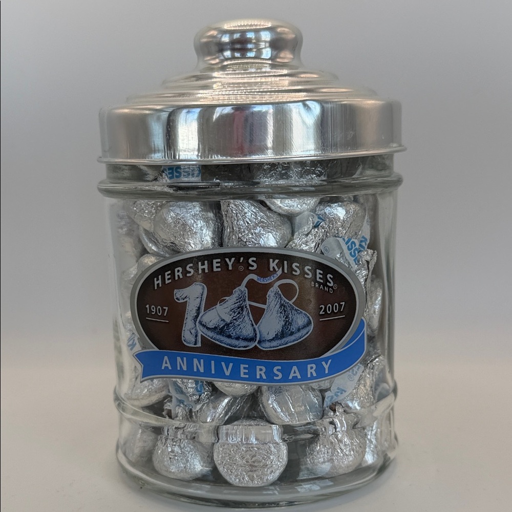 VTG Hershey Kisses Silver Anniversary Jar, 1907-2007, 6”x4”, Filled w Kisses! 😘